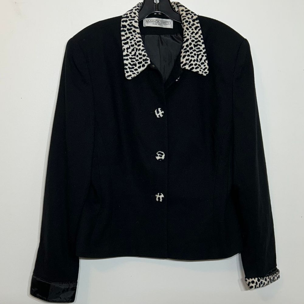 EUC Amanda Smith 100% Wool Blazer with Animal Print Embellished Collar Size 12